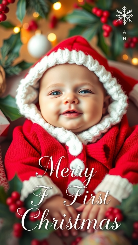 A newborn Christmas card with a baby in festive attire, decorated with holly and snowflakes, featuring the text 